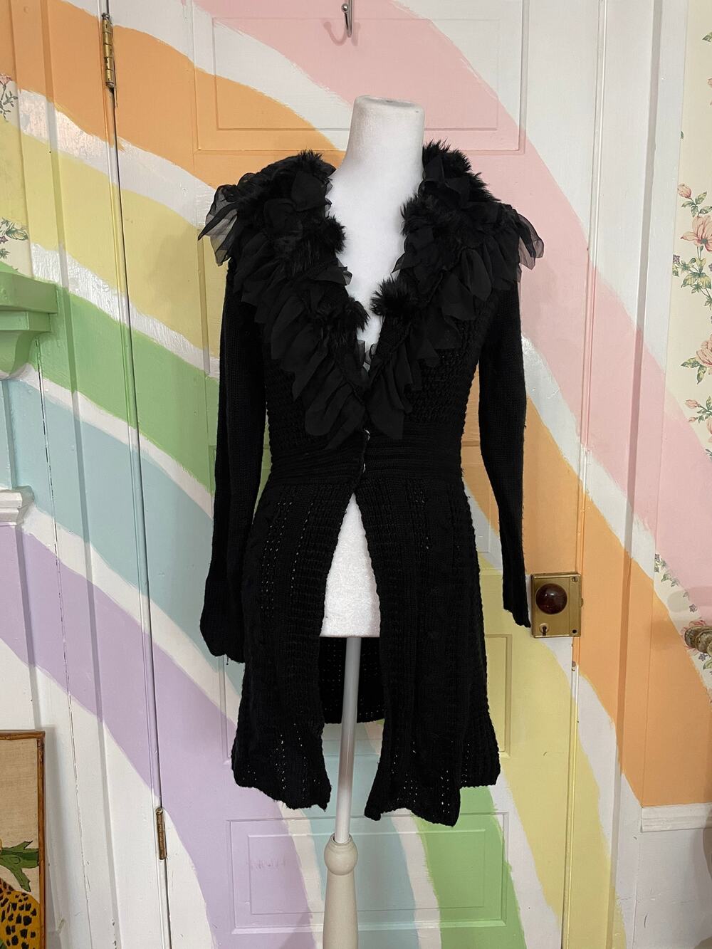 ✨Vintage Cache Duster Cardigan Ruffle Feather Faux Fur Trim Whimsigoth Y2K Sz S